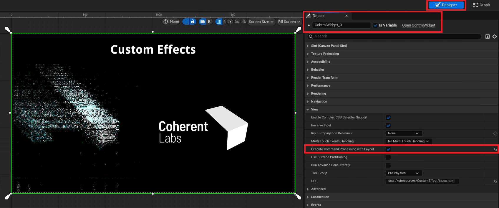 Configuring the ExecuteCommandProcessingWithLayout option in the UMG Widget HUD Details panel